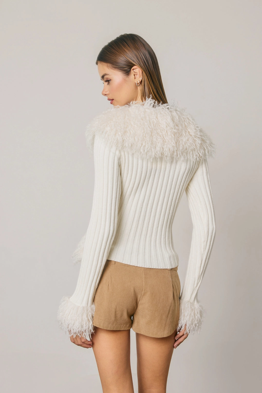 Faux Fur Trim Zip Up Knit Cardigan