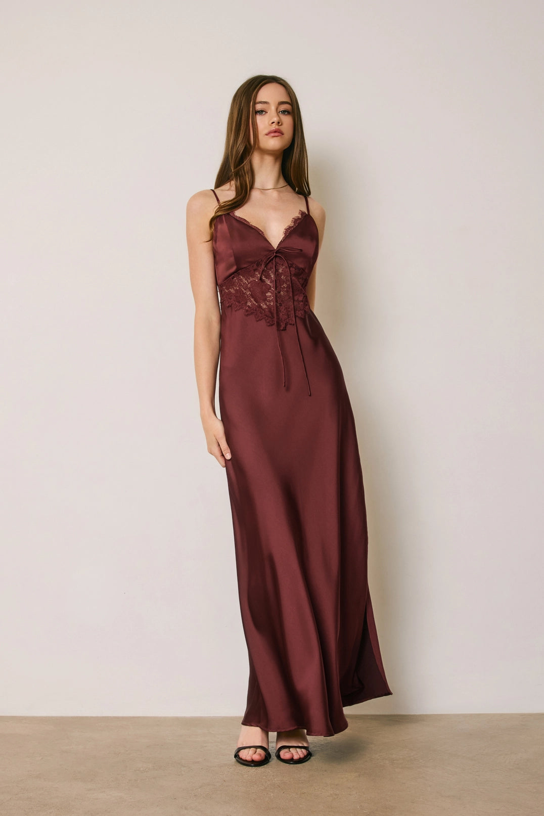 Dull Satin Lace Detail Maxi Dress