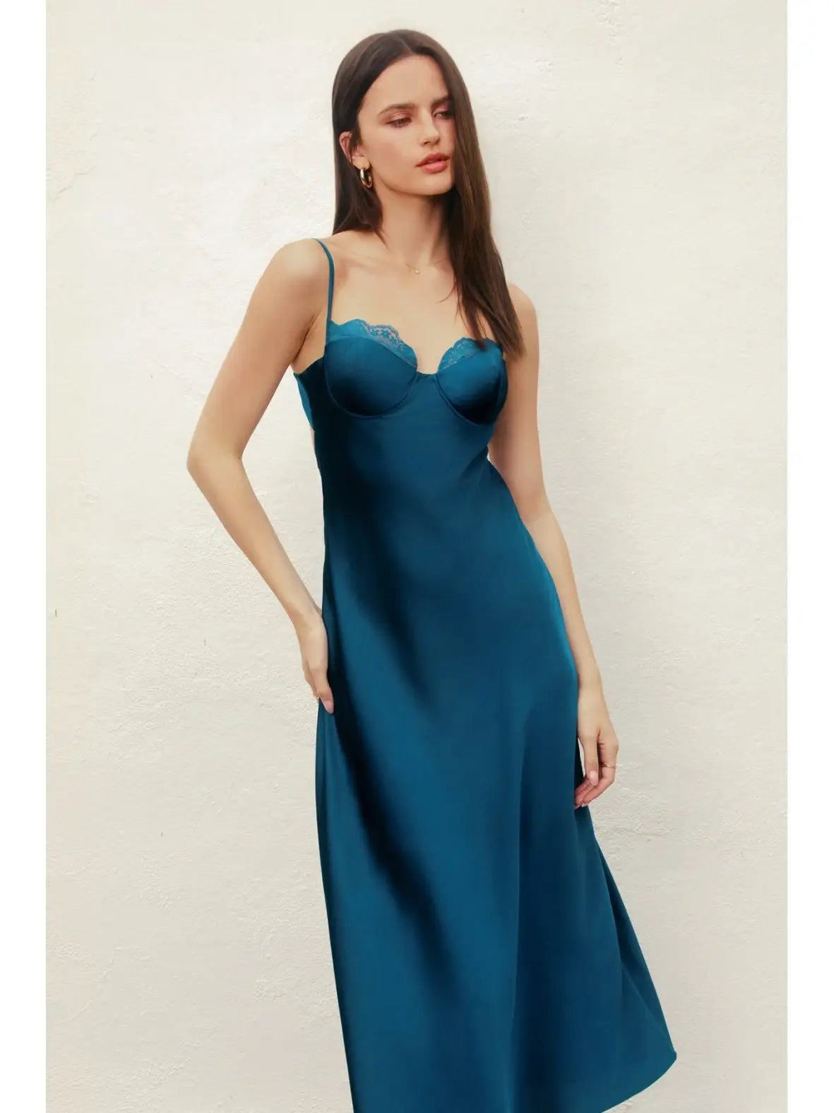 Satin Lace Trim Slip Midi Dress