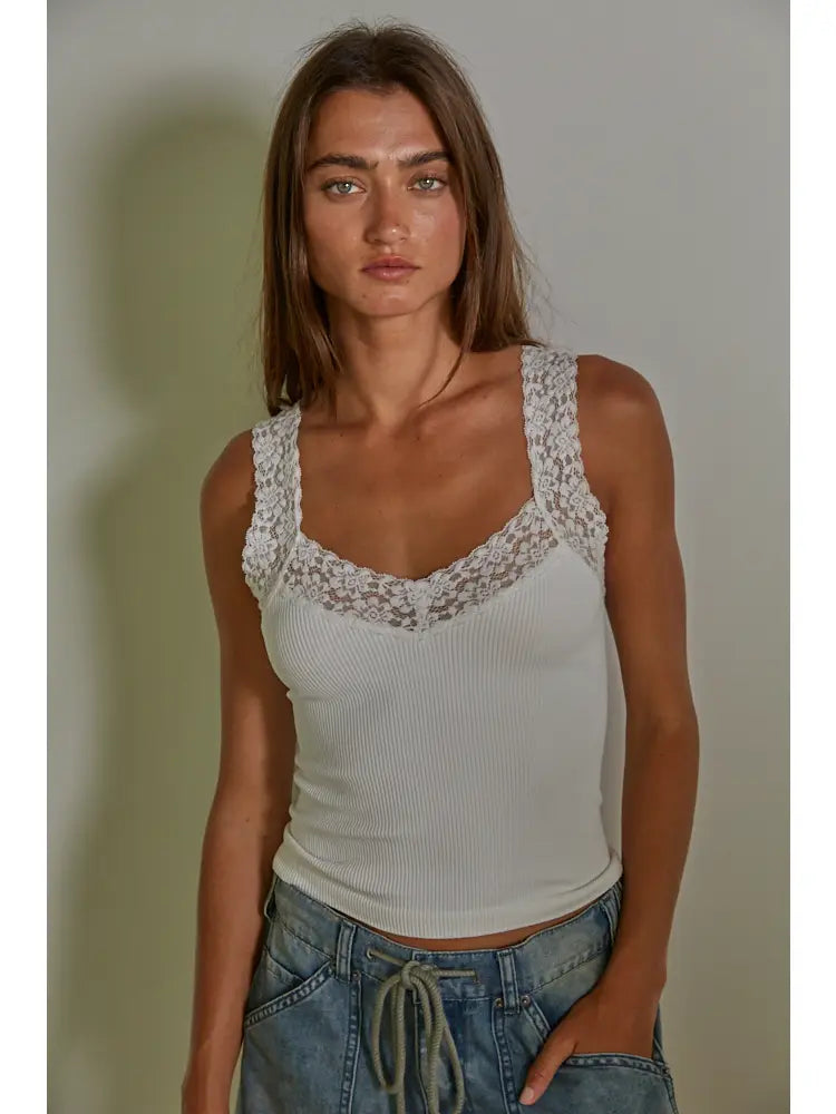 Lucy Knit Seamless Ribbed Tank Top with Lace Trim