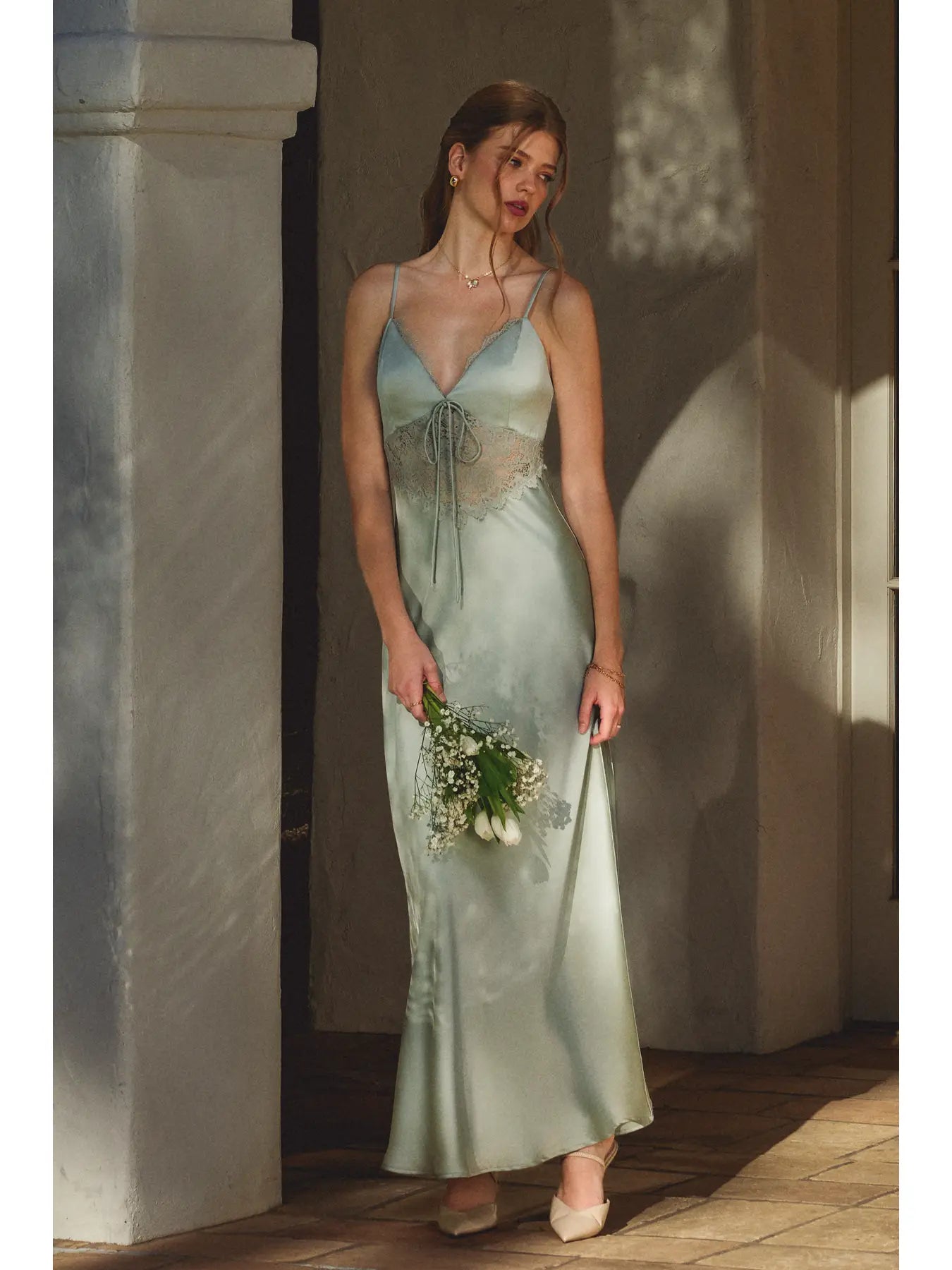 Dull Satin Lace Detail Maxi Dress