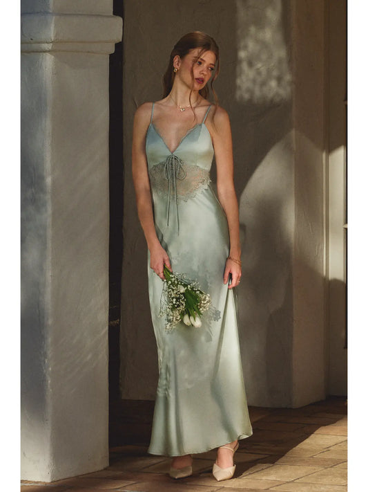 Dull Satin Lace Detail Maxi Dress