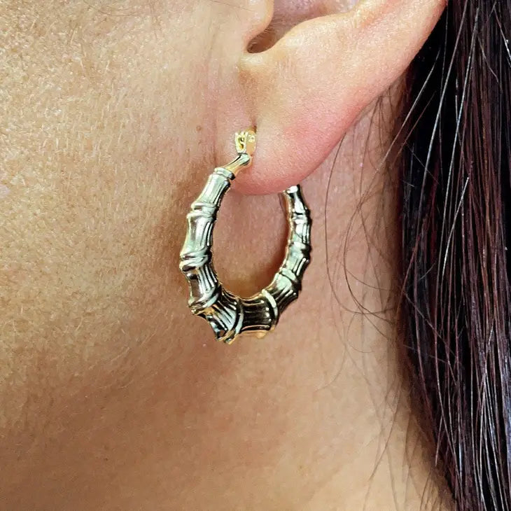 18k Gold Filled Textured Bamboo Hoop Earrings
