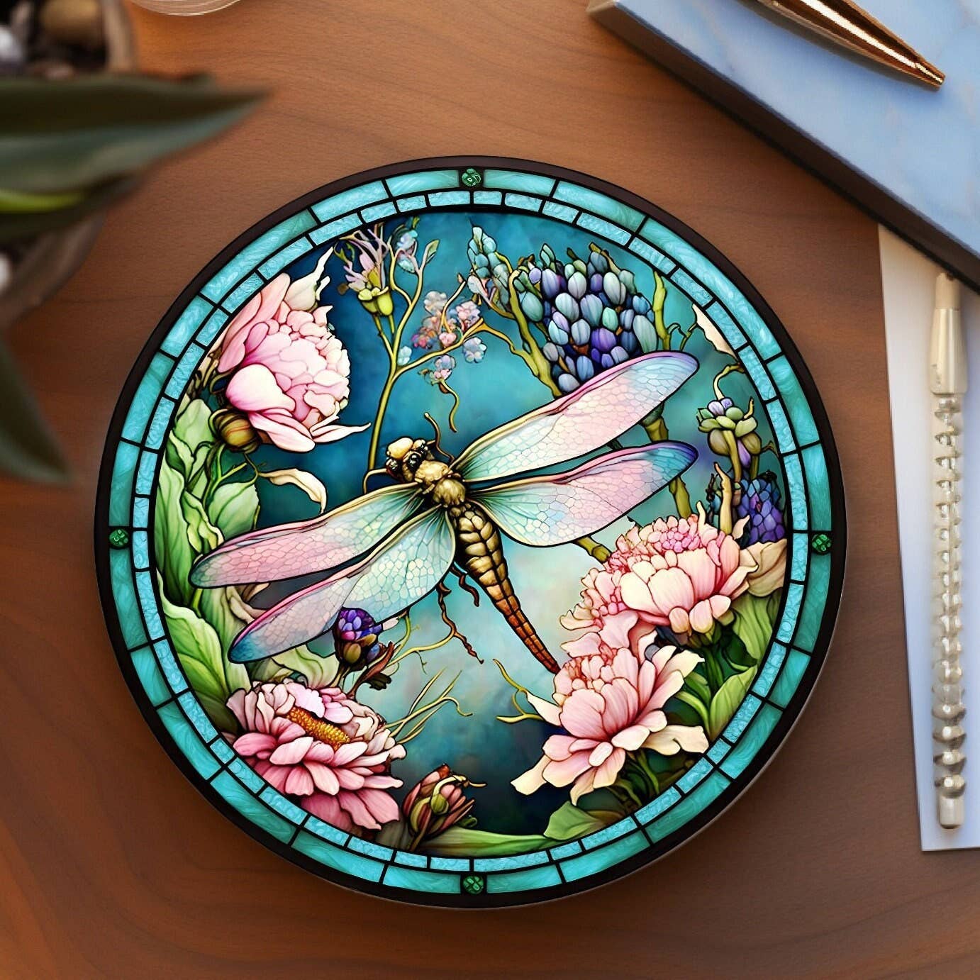 Dragonfly Coaster with Pink Flower for Coffee Table Decor: 3.6 Inch Glossy