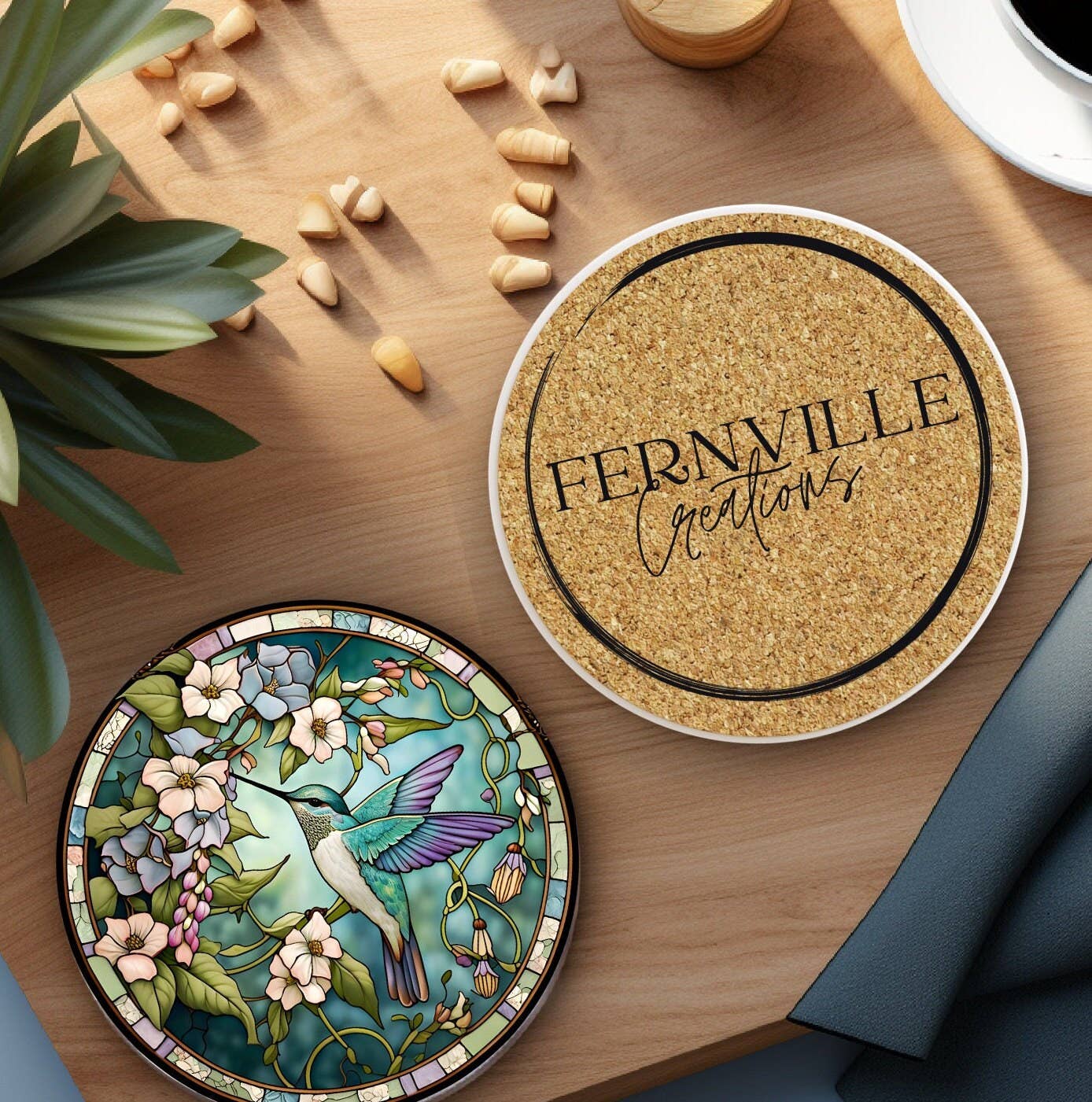Hummingbird Faux Stained Glass Ceramic Coaster Eco-Friendly: 3.6 Inch Glossy