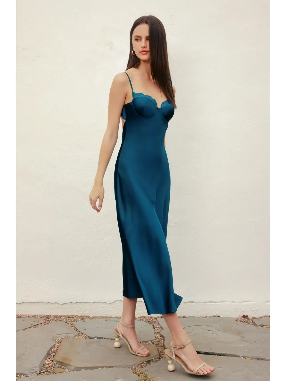 Satin Lace Trim Slip Midi Dress