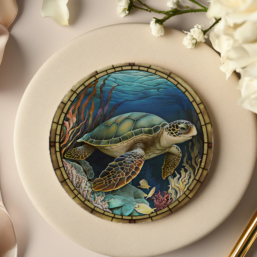 Sea Turtle Ceramic Coaster with Stained Glass Design: 3.6 Inch Glossy