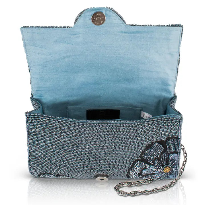 Azure Blue Beaded Flowers Crossbody Bag