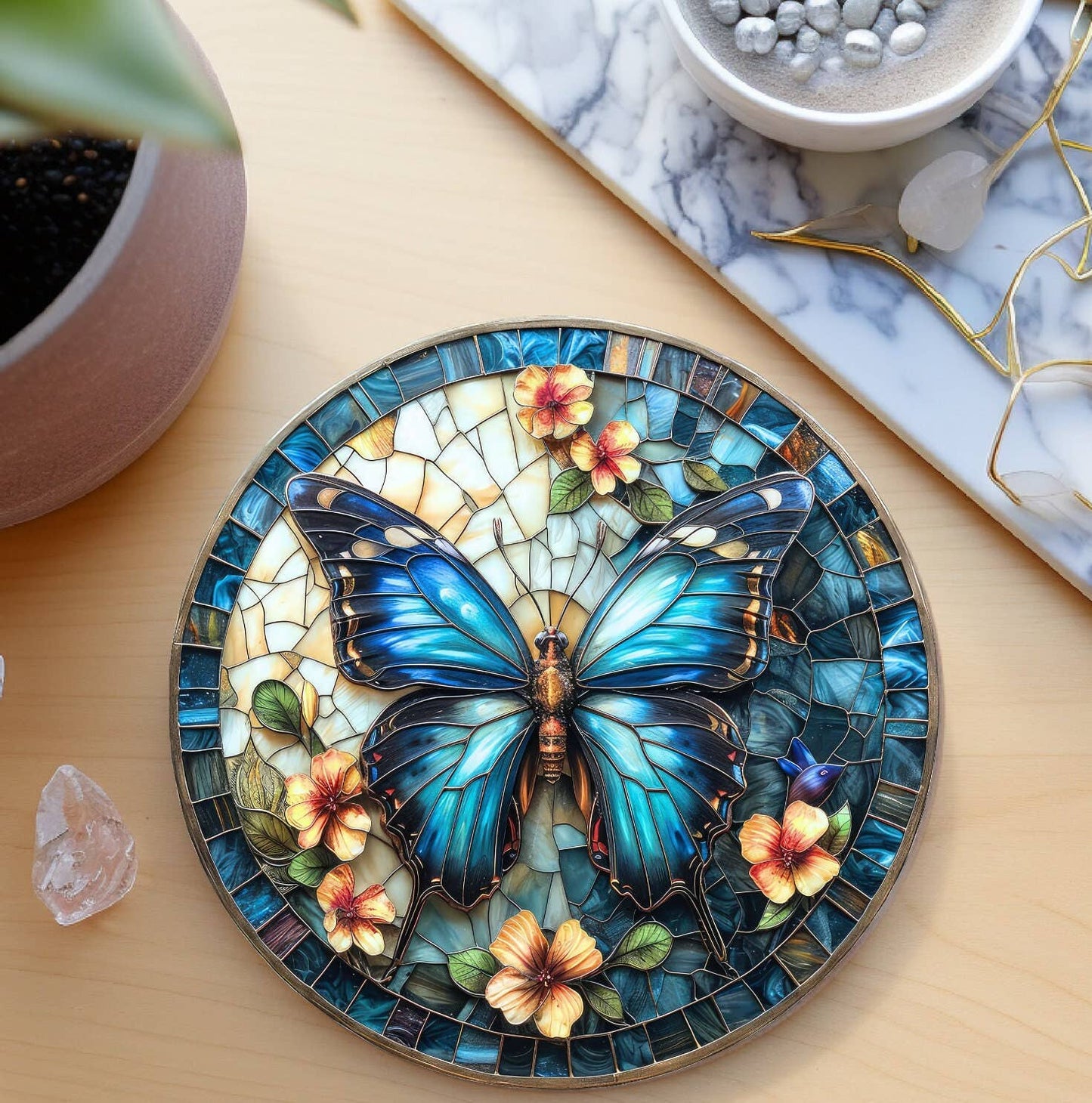 Butterfly Ceramic Coaster, Eco-Friendly Home Decor: 3.6 Inch Glossy
