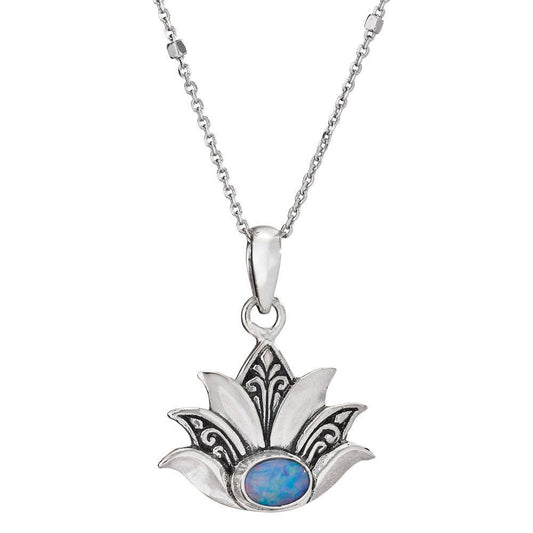 Sacred Lotus Sterling Silver Opal Necklace: Opal / Floral