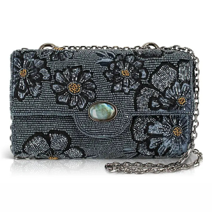 Azure Blue Beaded Flowers Crossbody Bag