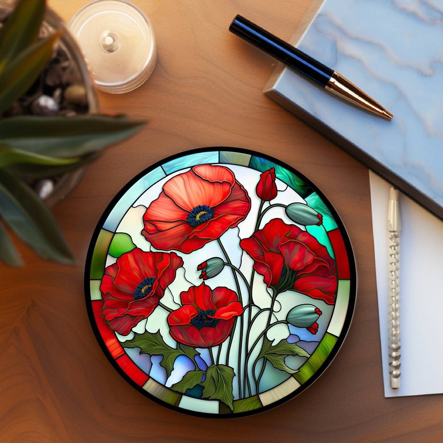 Poppy Coaster, Garden Lover Gift, Floral Nature Home Decor: 3.6 Inch Glossy