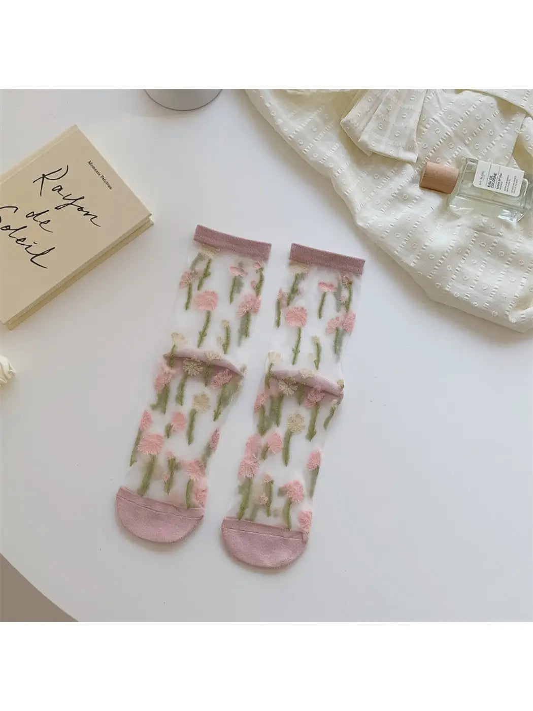 Rufia - Sheer Garden Flower Embroidered Crew Socks