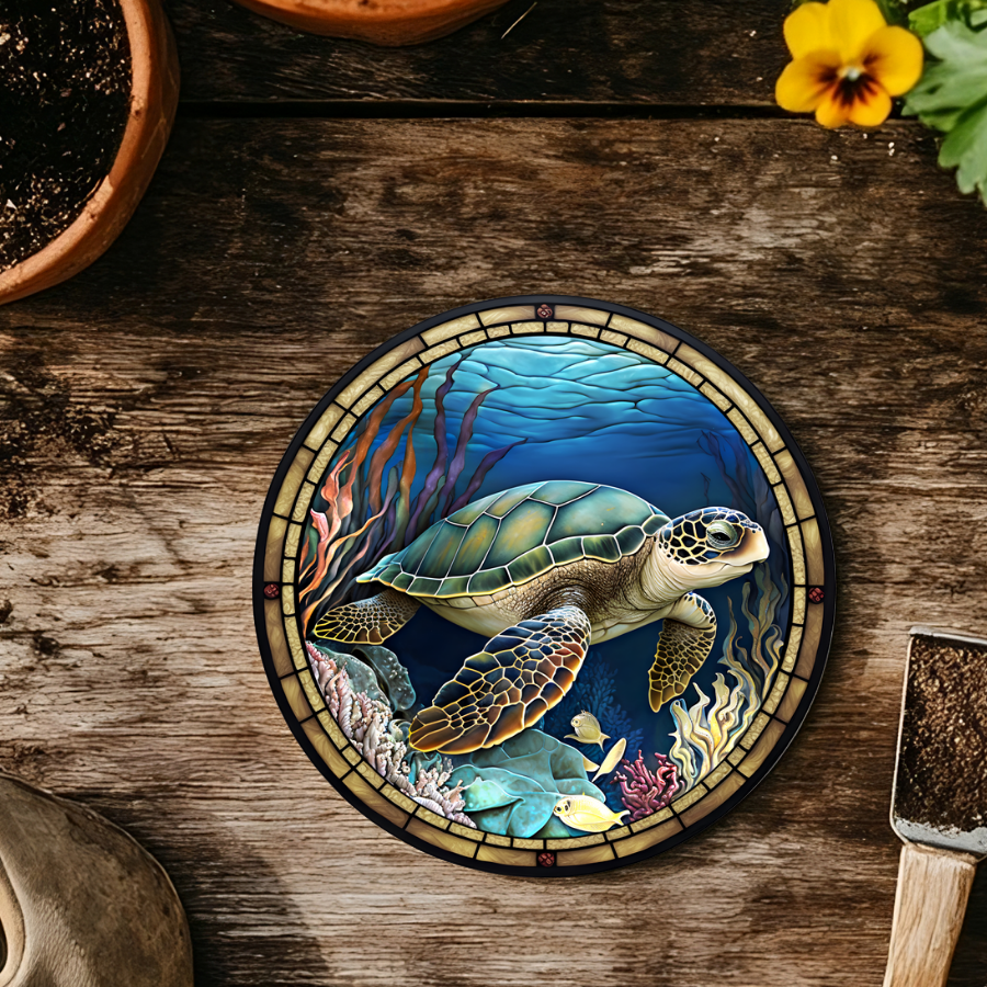 Sea Turtle Ceramic Coaster with Stained Glass Design: 3.6 Inch Glossy