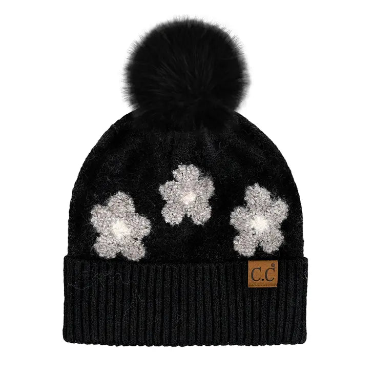 Daisy Patterned Cuff Beanie with Pom Pom