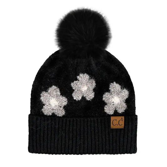 Daisy Patterned Cuff Beanie with Pom Pom