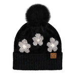 Load image into Gallery viewer, Daisy Patterned Cuff Beanie with Pom Pom
