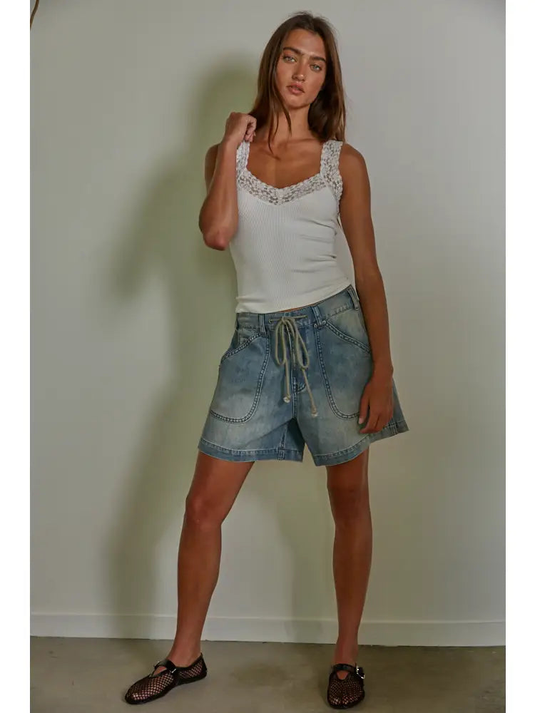 Lucy Knit Seamless Ribbed Tank Top with Lace Trim