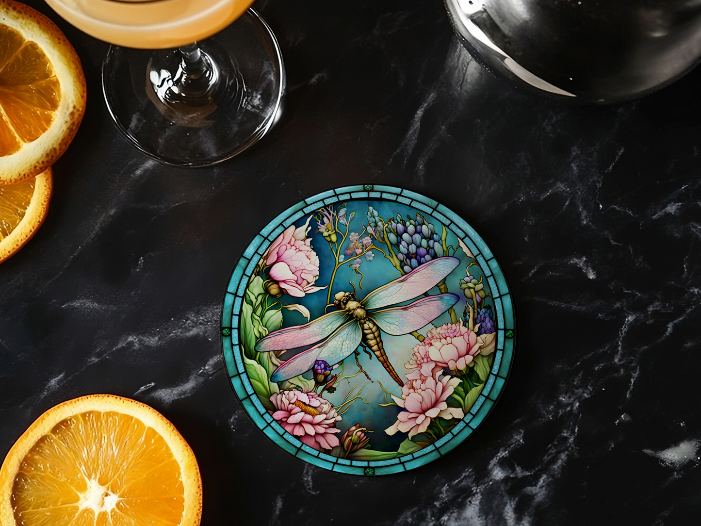 Dragonfly Coaster with Pink Flower for Coffee Table Decor: 3.6 Inch Glossy
