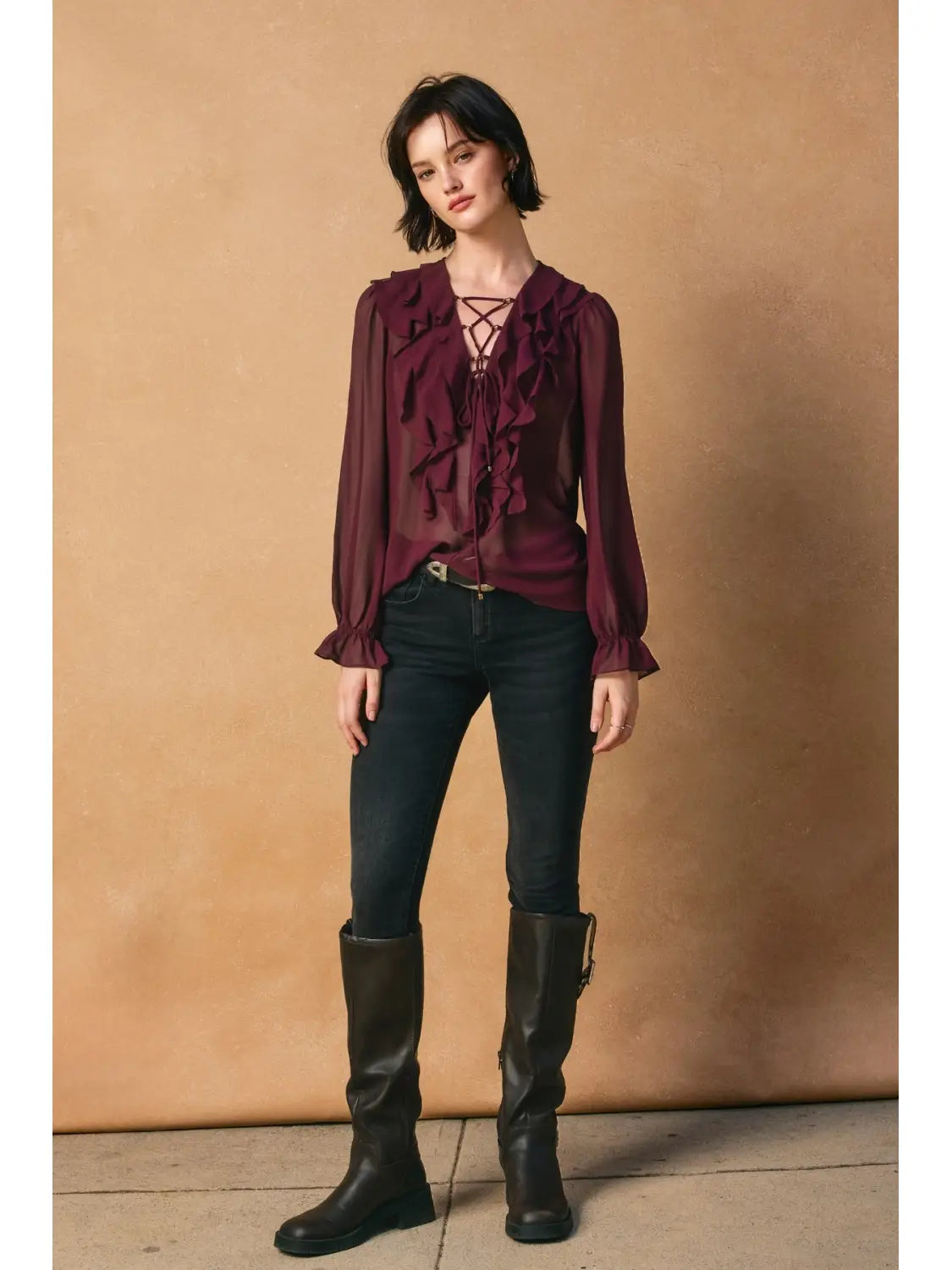 Chiffon Lace Up Ruffled Blouse (FT13129-CP531)
