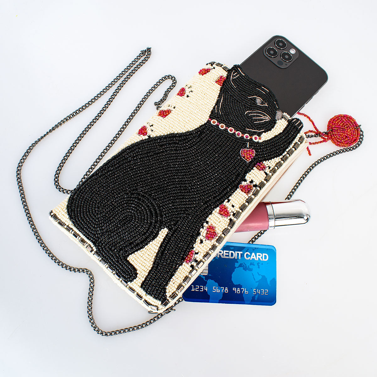 Purr-Suit Kitty Cat and Yarn Crossbody Beaded Phone Bag