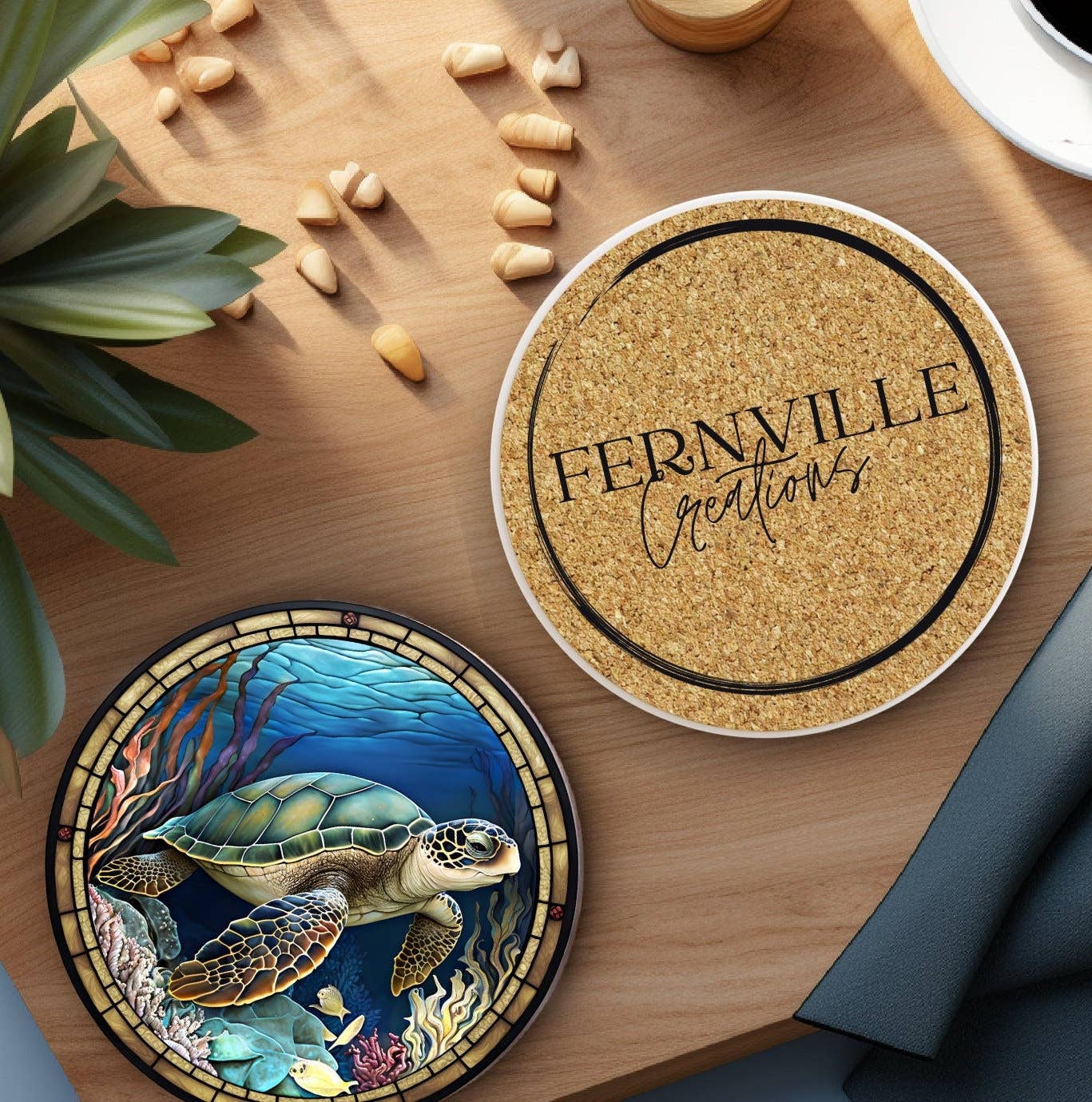 Sea Turtle Ceramic Coaster with Stained Glass Design: 3.6 Inch Glossy