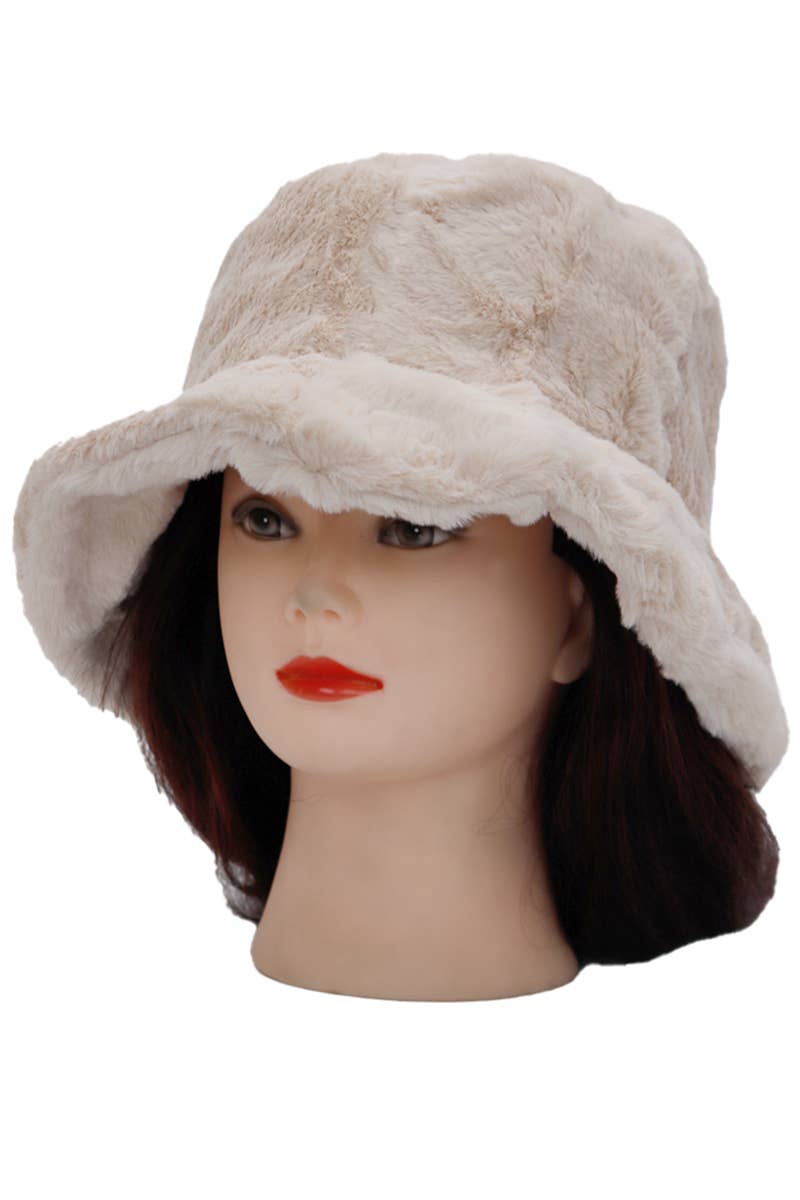 Solid Faux Fur Bucket Hat - Diamond Quilted Fabric