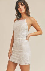 Load image into Gallery viewer, Pearly Paige Lace Open Back Mini Dress
