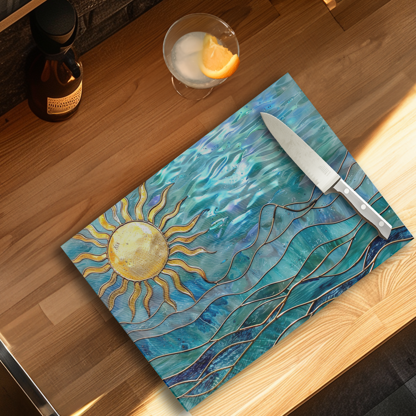 Tempered Glass Cutting Board: Ocean Sun Charcuterie Tray: 8x11 Inches