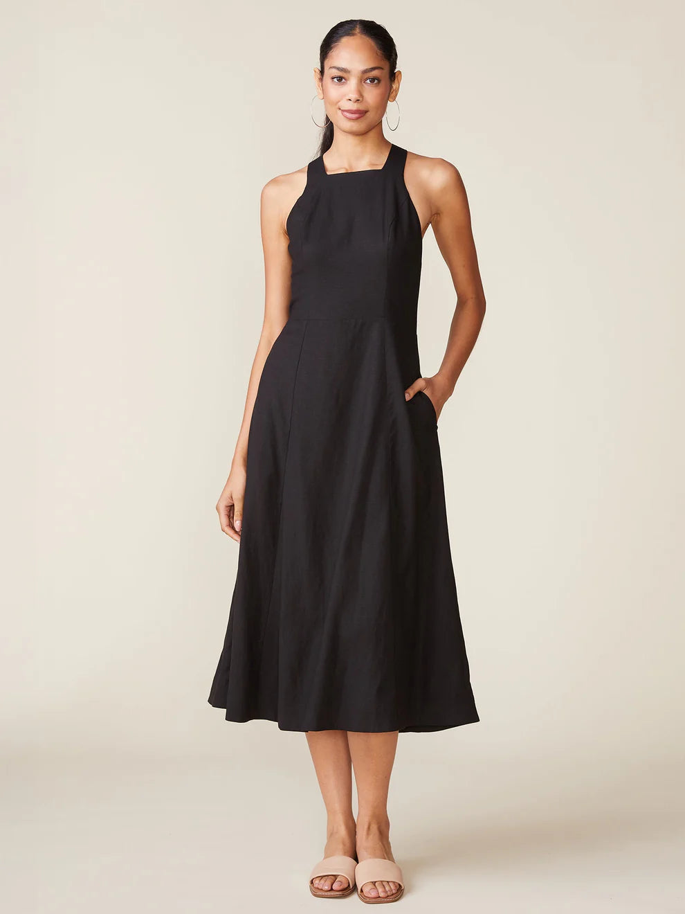 Linen Blend Cross Back Midi Dress