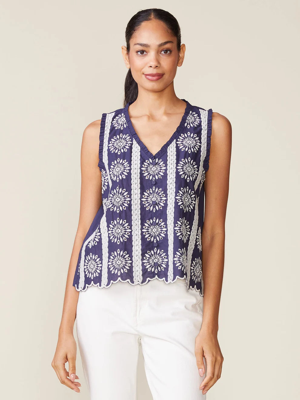 Embroidered Cotton Button Tank Top