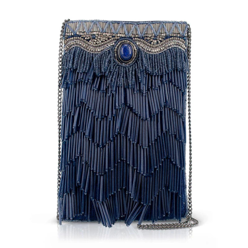 True Blue Precious Stone with Fringe Beaded Crossbody Handbag