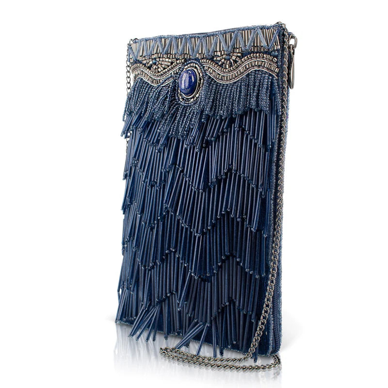 True Blue Precious Stone with Fringe Beaded Crossbody Handbag