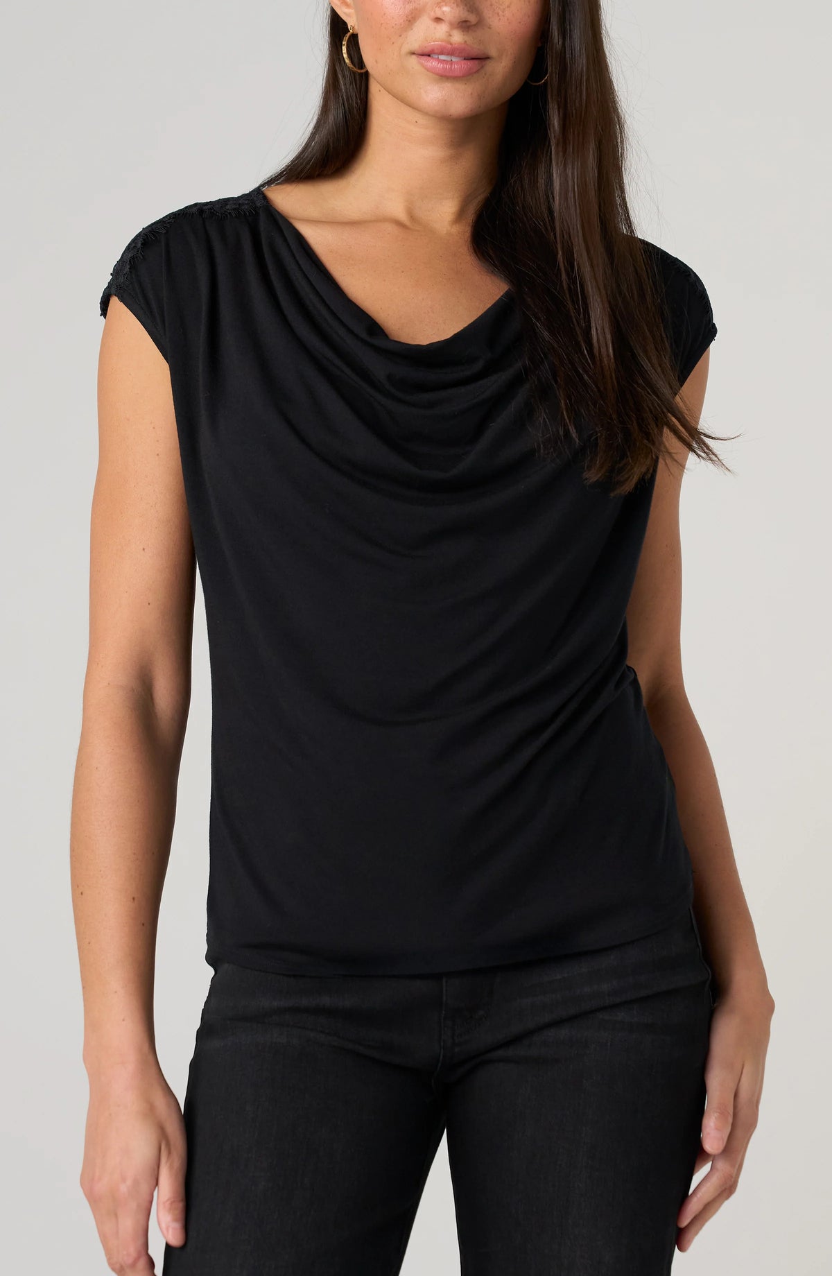 Draped Neck Sleeveless Knit Top W/ Lace