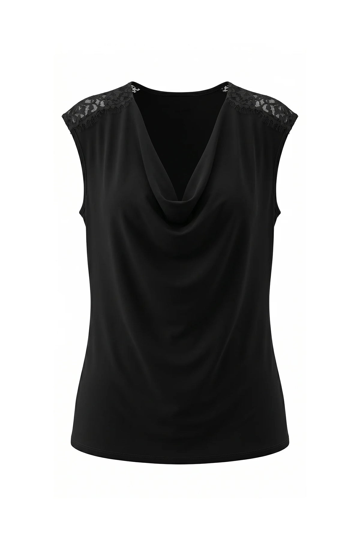 Draped Neck Sleeveless Knit Top W/ Lace