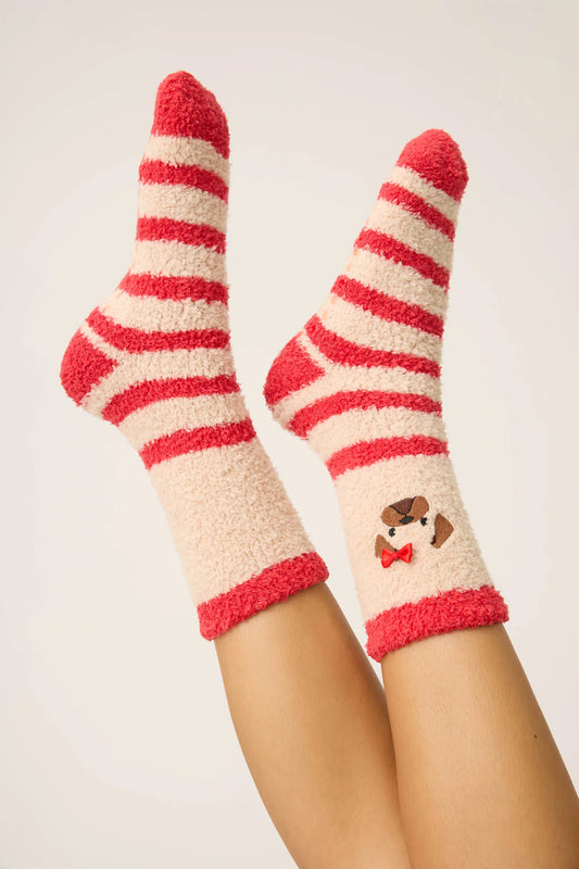 Striped Dog Fuzzy Crew Socks