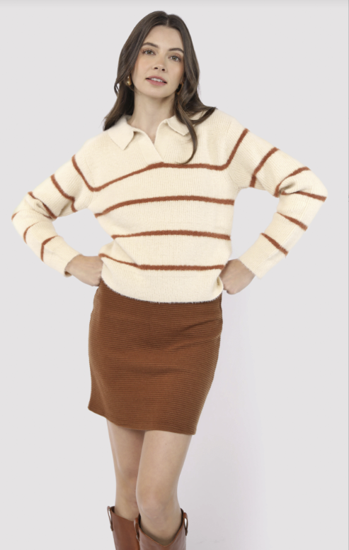 Tova Eyelash Yarn Collared Striped Sweater