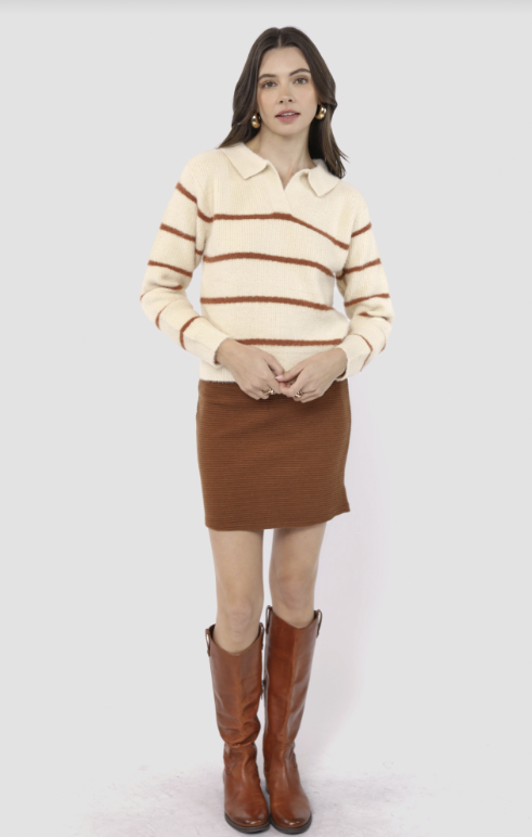 Tova Eyelash Yarn Collared Striped Sweater