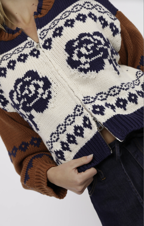 Sweet Rose Jacquard Zip Sweater Jacket