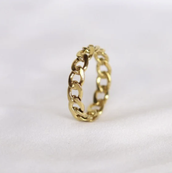 18K Gold-Filled Cuban Link Ring – Dainty Chain Ring for Women