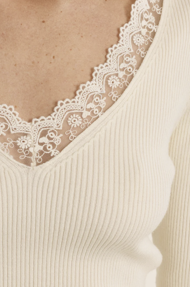 Long-sleeved top, lace V-neck