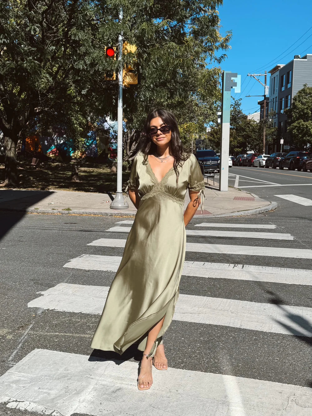 Dull Satin Lace Trim Plunging Midi Dress