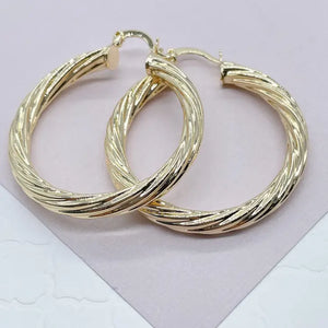 18k Gold Filled Hollow Italian Twist 5mm Thick Hoop Earrings, Gold Shiny Twisted