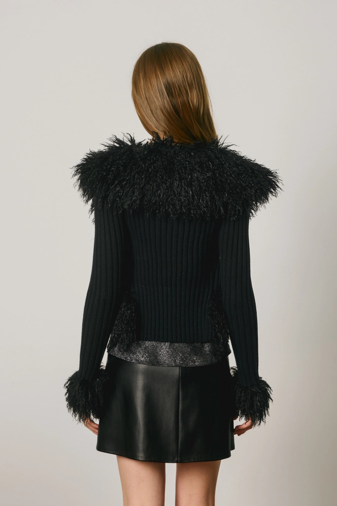 Faux Fur Trim Zip Up Knit Cardigan
