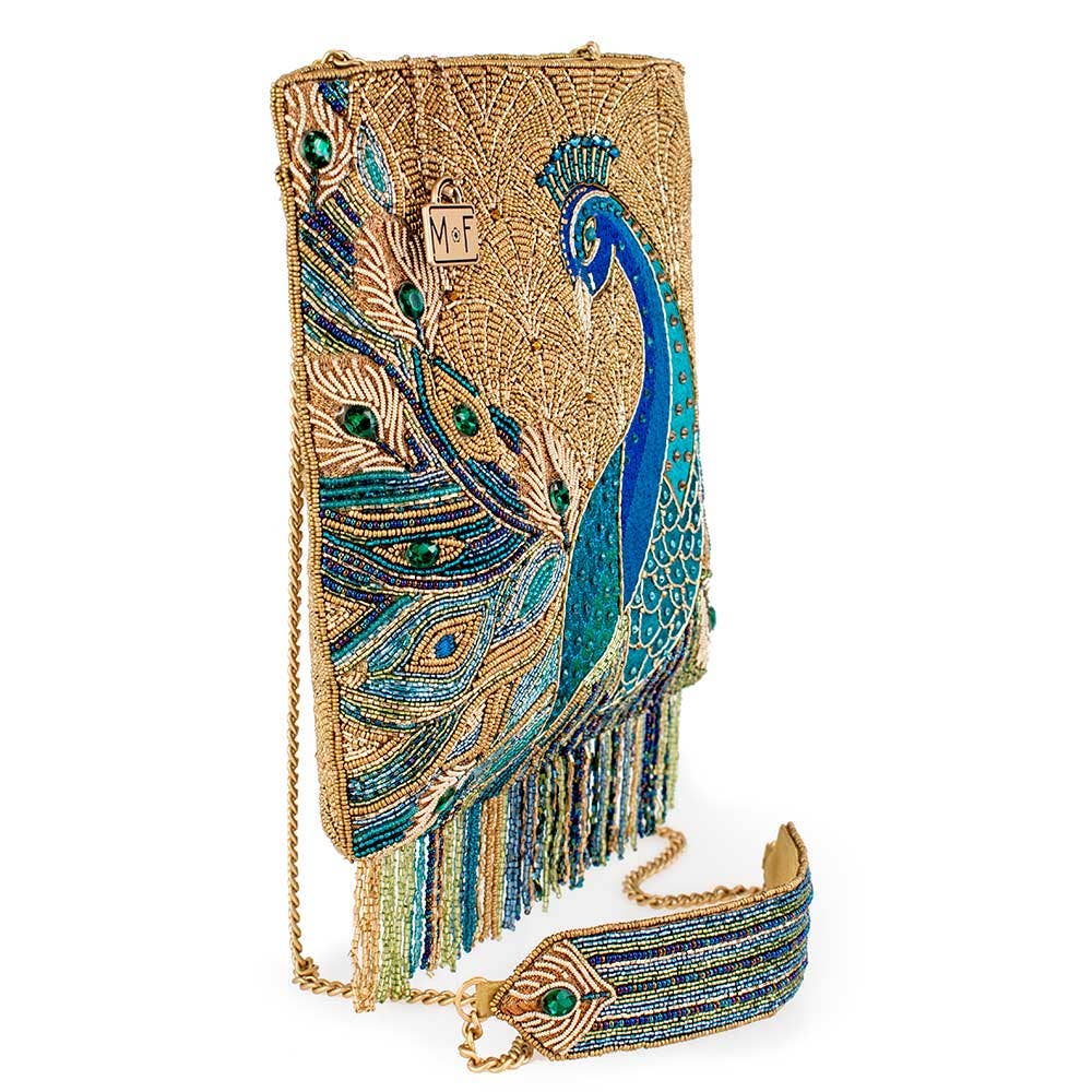 Peacock Feathers Beaded Blue Peacock Crossbody Handbag