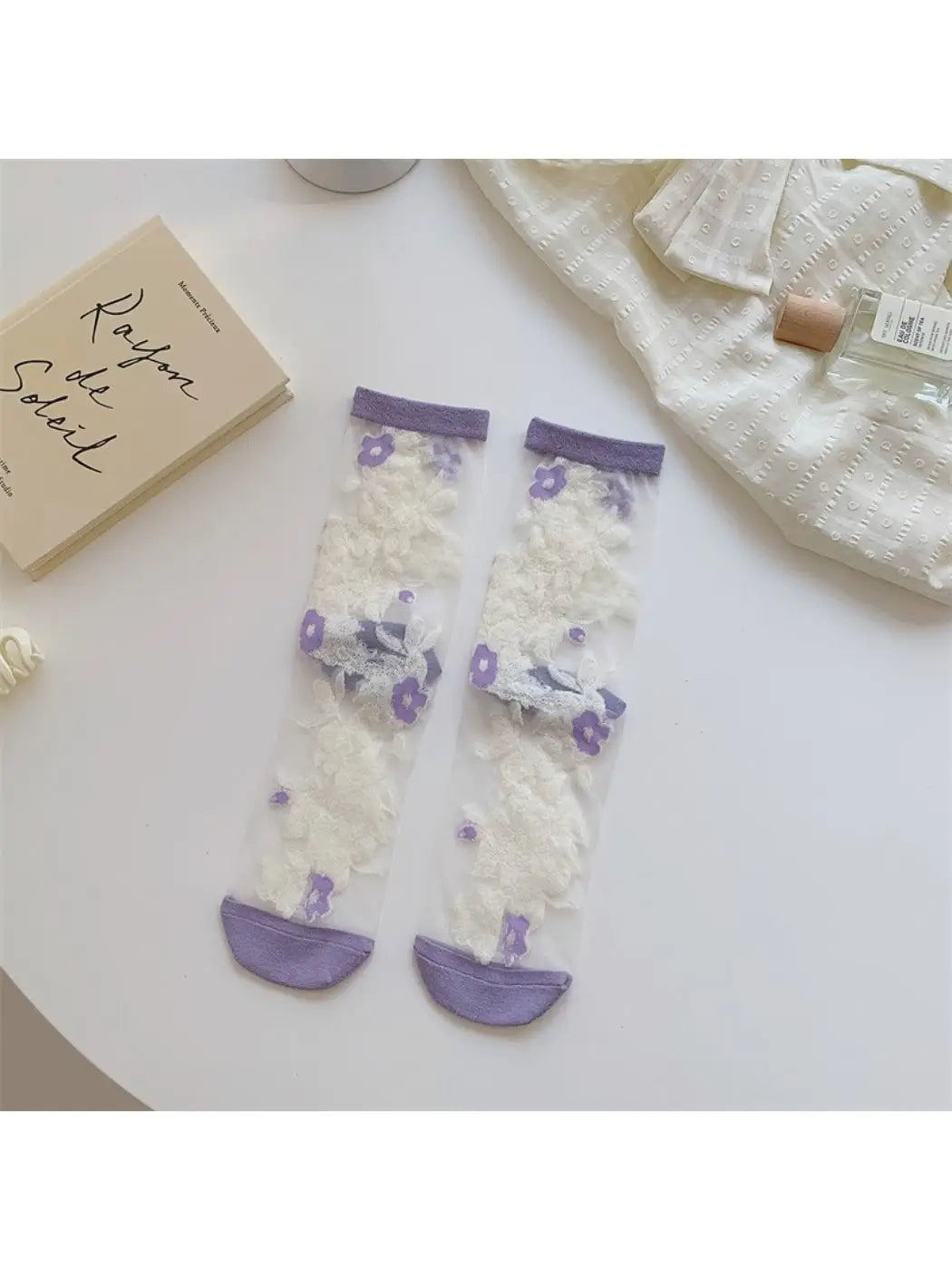 Rufia - Sheer Garden Flower Embroidered Crew Socks