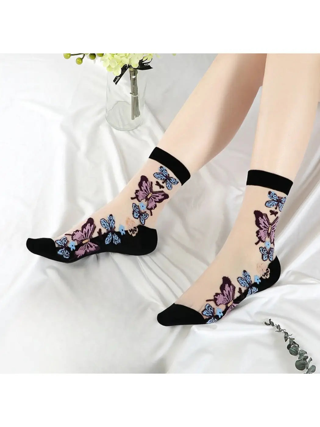 Rufia - Sheer Butterfly Embroidery Crew Socks
