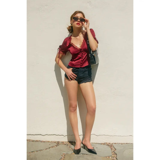 Satin Lace Button Tied Short Sleeve Blouse
