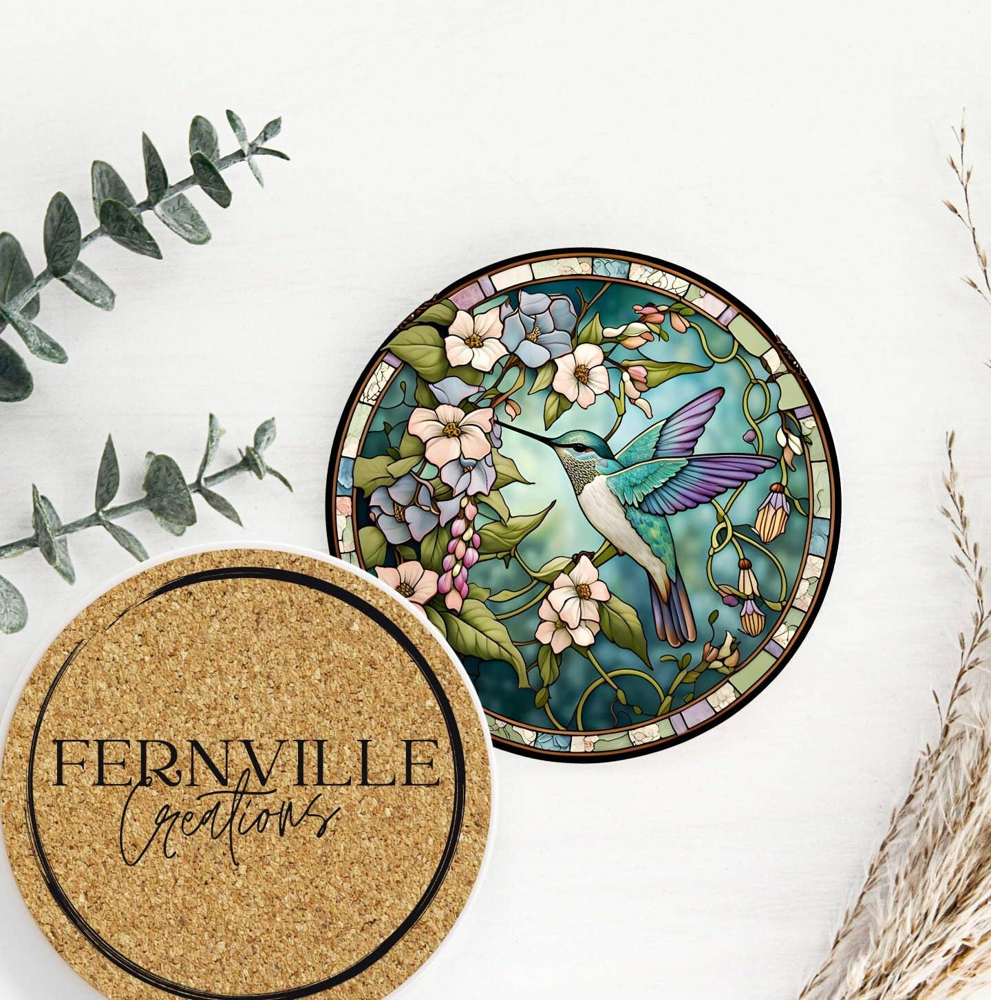 Hummingbird Faux Stained Glass Ceramic Coaster Eco-Friendly: 3.6 Inch Glossy