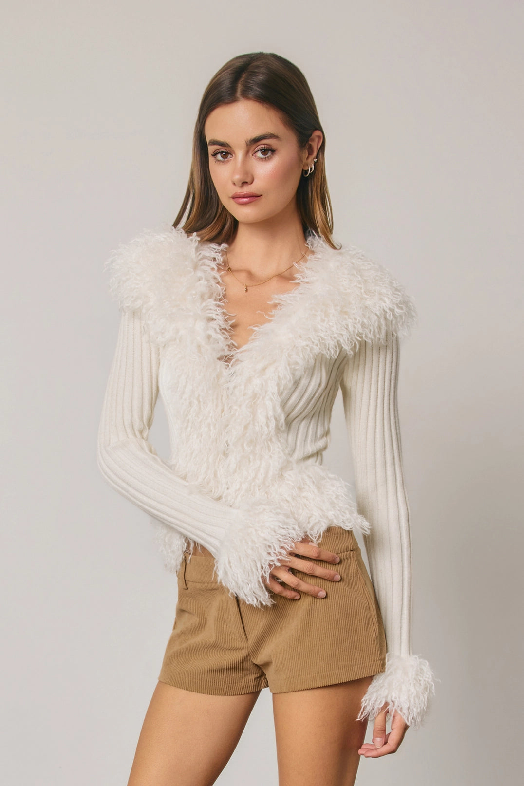 Faux Fur Trim Zip Up Knit Cardigan